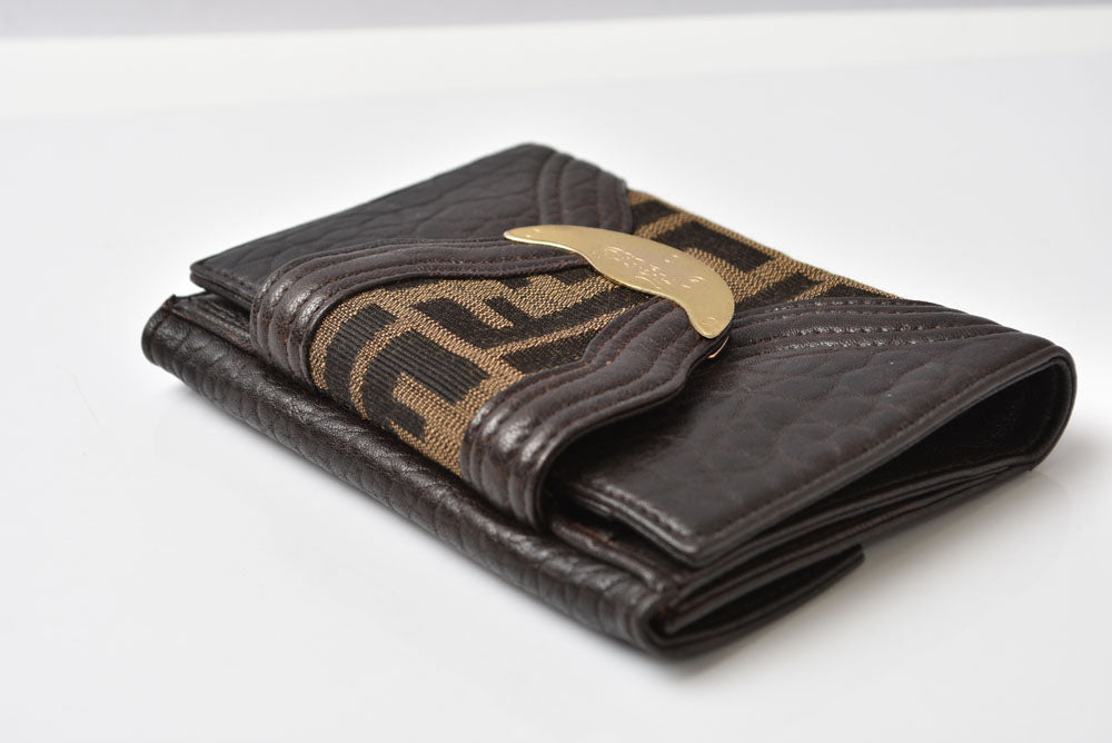 フェンディ 財布 FENDI 二つ折り財布 8M0160 ズッカ柄/ブラウン キャンバス レザー レディース【中古】