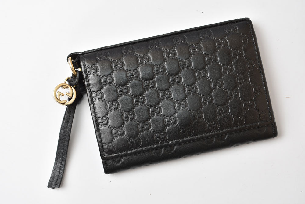 グッチ カードケース/コインケース GUCCI ミニ財布 マイクログッチシマ 323401 レザー ブラック【中古】