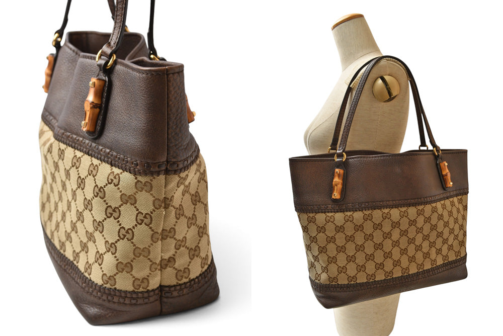 グッチ トートバッグ GUCCI バンブー 353125 GGキャンバス レザー ブラウン/ベージュ レディース A4収納可能【中古】