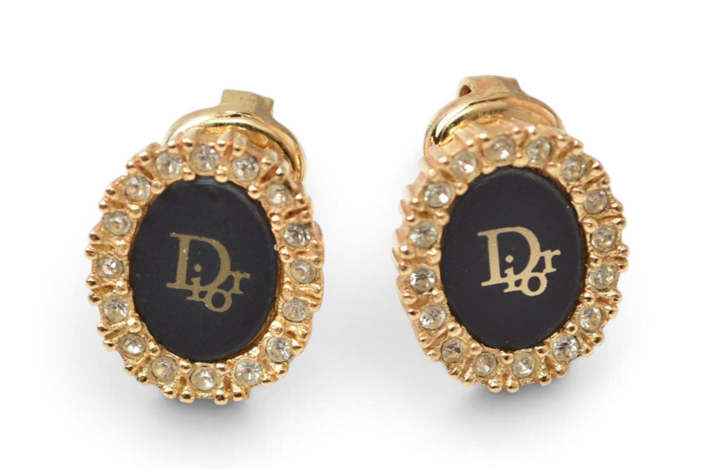 クリスチャンディオール イヤリング Christian Dior ヴィンテージ サークルモチーフ/ラインストーン ブラック/ゴールド【中古】
