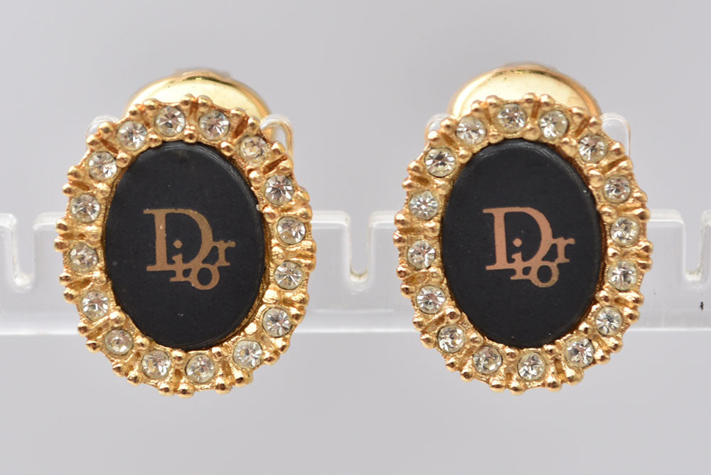 クリスチャンディオール イヤリング Christian Dior ヴィンテージ サークルモチーフ/ラインストーン ブラック/ゴールド【中古】