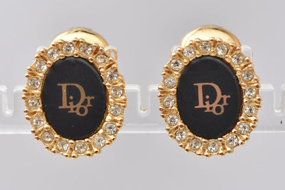 クリスチャンディオール イヤリング Christian Dior ヴィンテージ サークルモチーフ/ラインストーン ブラック/ゴールド【中古】