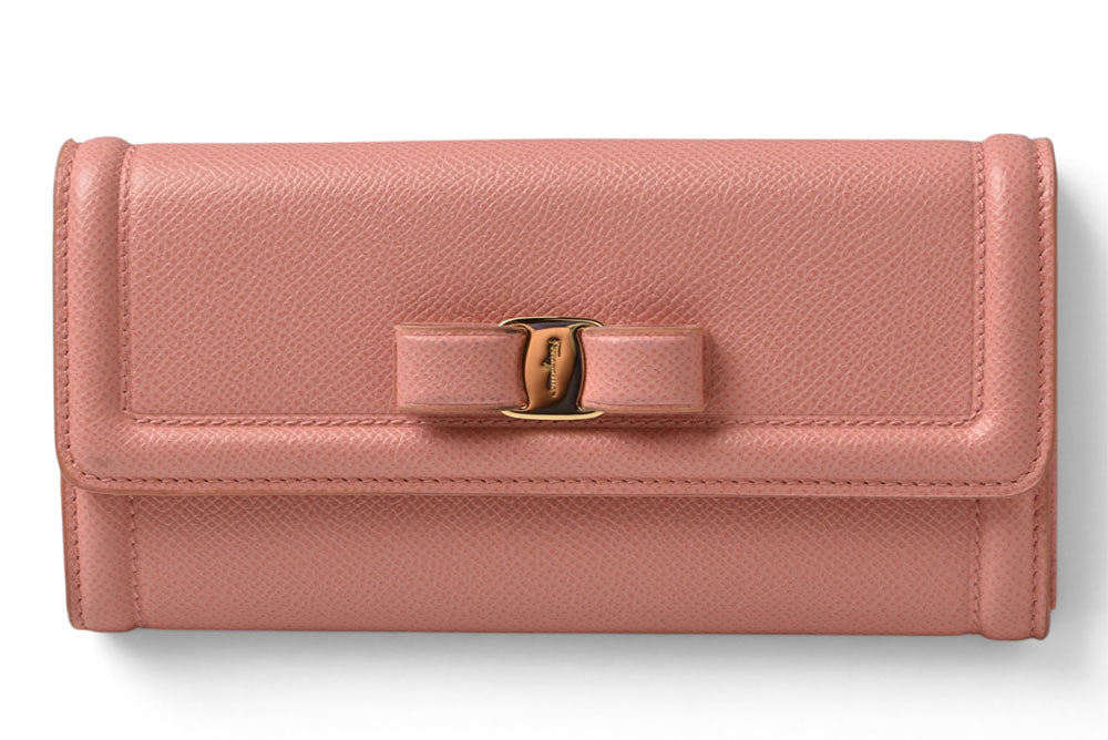 フェラガモ 長財布 FERRAGAMO レディース ヴァラリボン 22 D154 ピンク レザー 【中古】