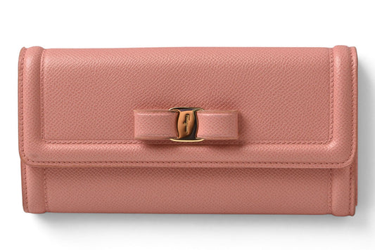 フェラガモ 長財布 FERRAGAMO レディース ヴァラリボン 22 D154 ピンク レザー 【中古】