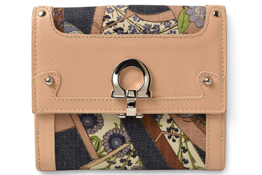 サルヴァトーレフェラガモ 財布/三つ折 Salvatore Ferragamo 折財布 ガンチーニ ベージュ/デニムプリント【中古】
