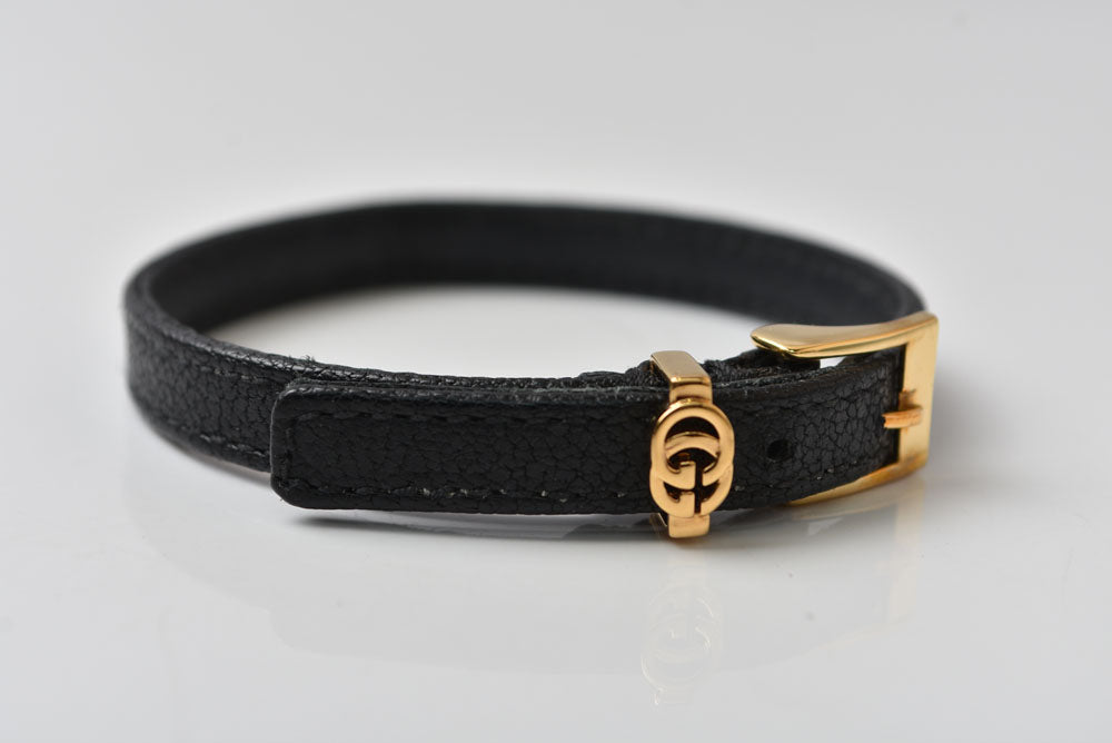 グッチ ブレスレット/バングル GUCCI ダブルG レザー 648621 ブラック/ゴールド メンズ レディース【中古】