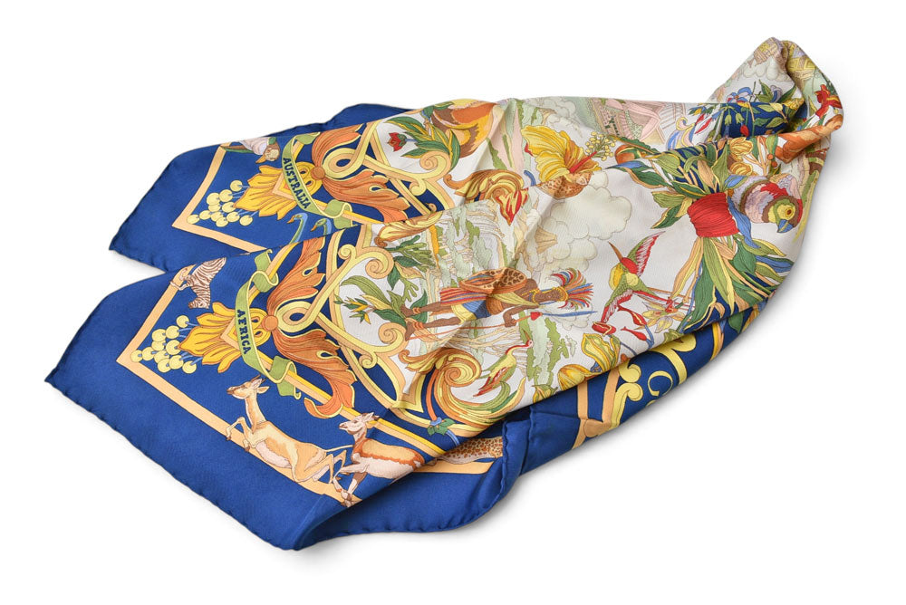 グッチ スカーフ/ショール GUCCI オールドグッチ ヴィンテージ 五大陸 アニマル柄 シルク ネイビー【中古】