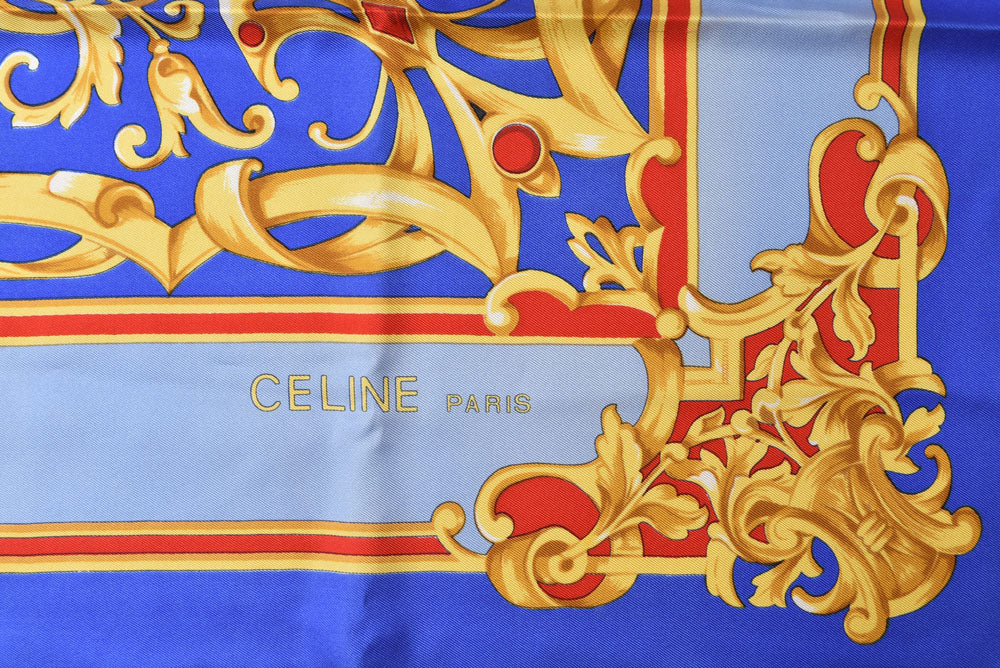 セリーヌ スカーフ ヴィンテージ CELINE スカーフ シルク ブルー/ゴールド レディース【中古】
