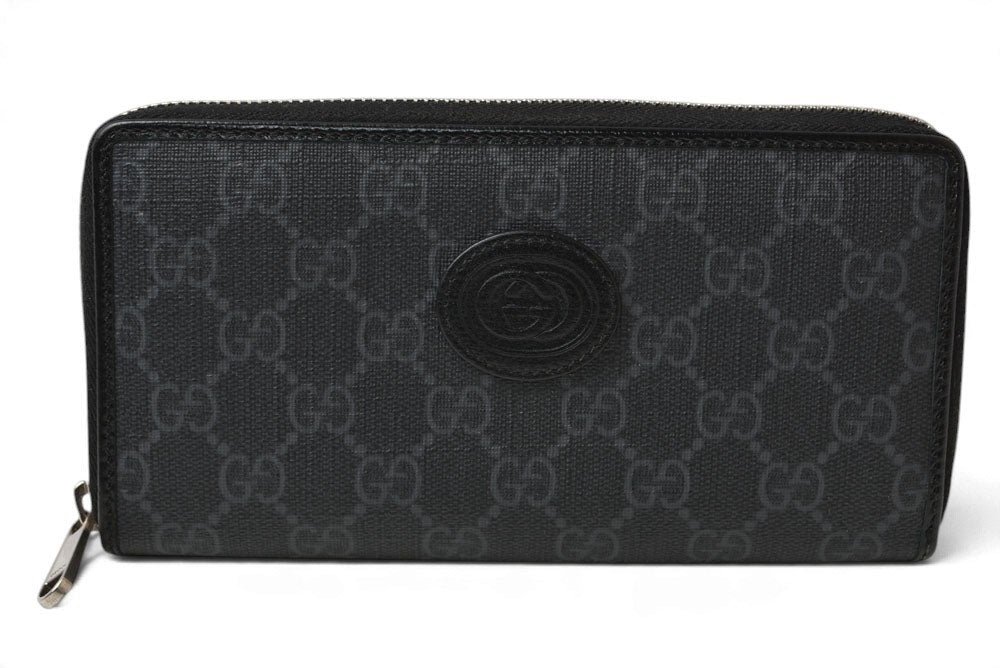 グッチ 財布 673003 インターロッキングG GGスプリーム 長財布 ラウンドファスナー GGグレー/ブラック メンズ レディース GUCCI【中古】