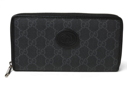 グッチ 財布 673003 インターロッキングG GGスプリーム 長財布 ラウンドファスナー GGグレー/ブラック メンズ レディース GUCCI【中古】