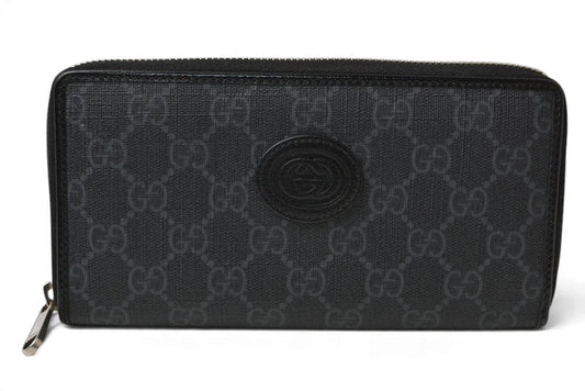 グッチ 財布 673003 インターロッキングG GGスプリーム 長財布 ラウンドファスナー GGグレー/ブラック メンズ レディース GUCCI【中古】