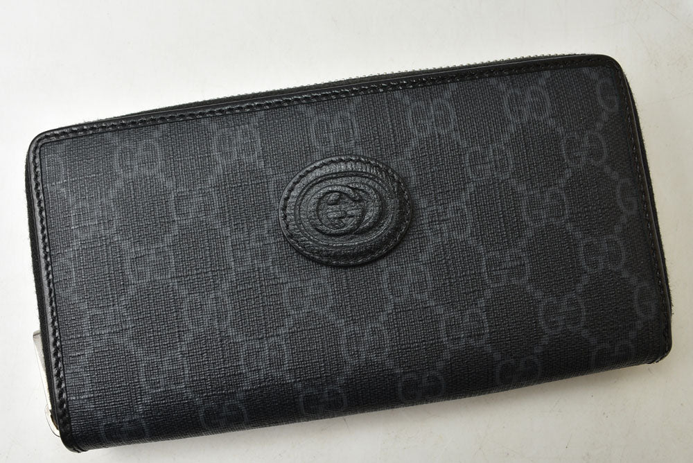 グッチ 財布 673003 インターロッキングG GGスプリーム 長財布 ラウンドファスナー GGグレー/ブラック メンズ レディース GUCCI【中古】
