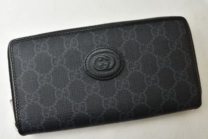 グッチ 財布 673003 インターロッキングG GGスプリーム 長財布 ラウンドファスナー GGグレー/ブラック メンズ レディース GUCCI【中古】