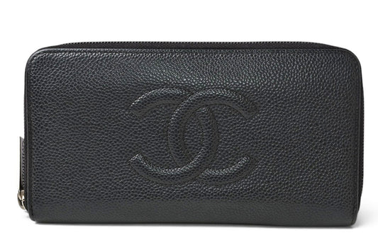 シャネル 財布 CHANEL 長財布/ラウンドファスナー キャビアスキン ブラック/シルバー A50071【中古】